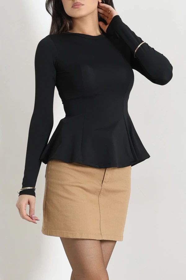 Kadın Siyah Likralı Dalgıç Peplum Bluz Fitilli Yaka Uzun Kollu 2