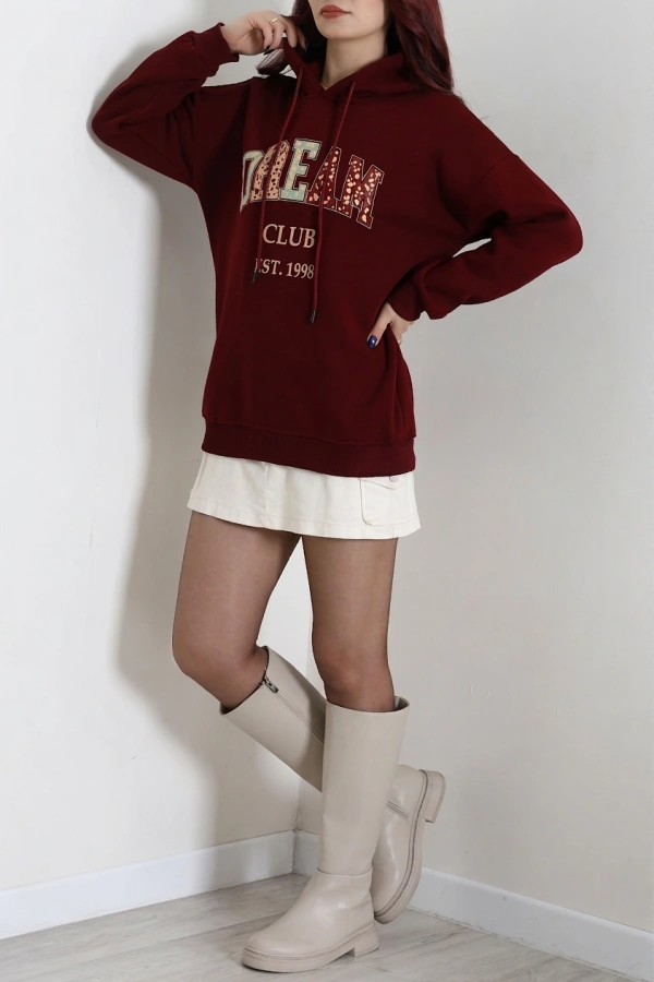 Kadın Bordo Üç İplik Baskılı Kapüşonlu Sweat 6