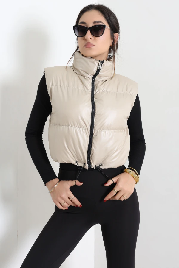 Çift Taraflı Crop Yelek Bejleopar 4