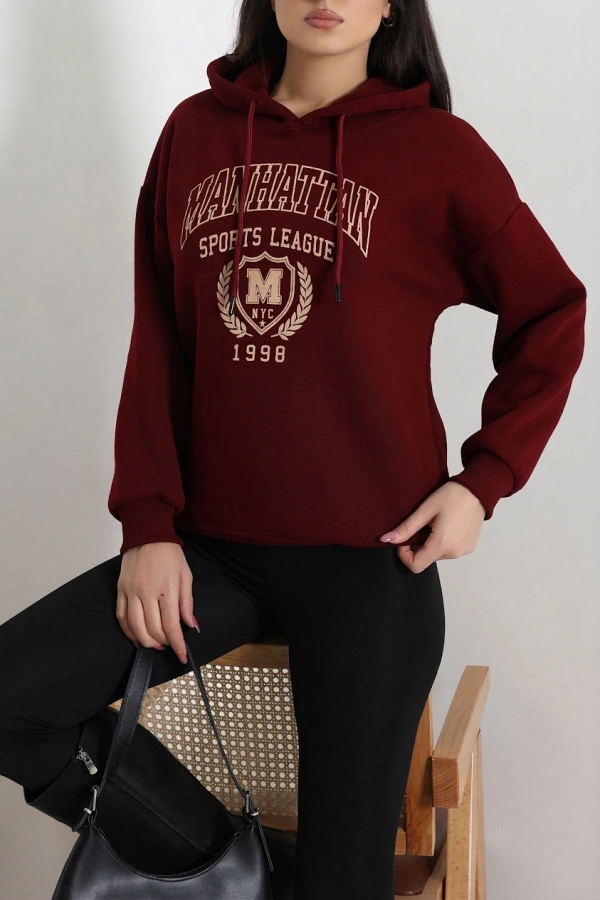 Kadın Bordo Üç İplik Kapüşonlu Baskılı Sweat Tunik 5