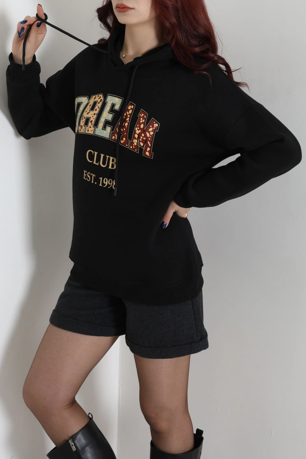 Kadın Siyah Üç İplik Baskılı Kapüşonlu Oversize Sweat 5