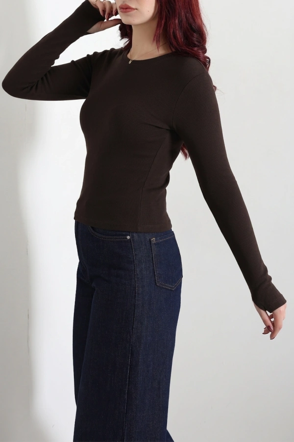 Kadın Acıkahve Bisiklet Yaka Ribana Parmak Geçmeli Body 5
