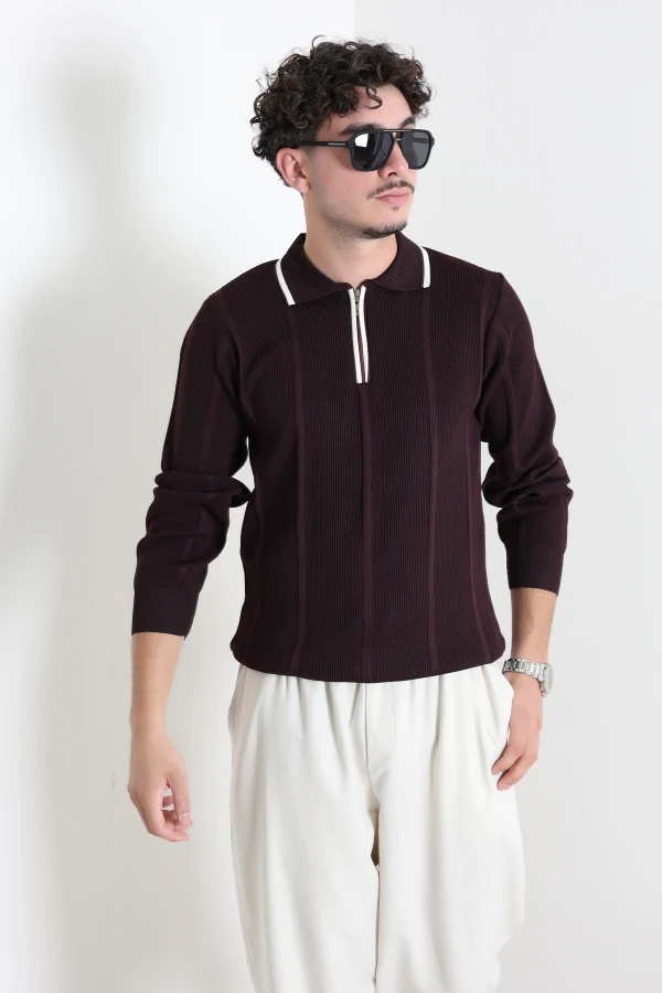 Çizgili Polo Yaka Erkek Triko Sweat Mürdüm 2