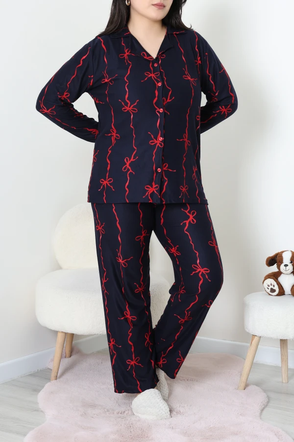 Kadın Lacivert Süet Büyük Beden Düğmeli Pijama Takımı 4