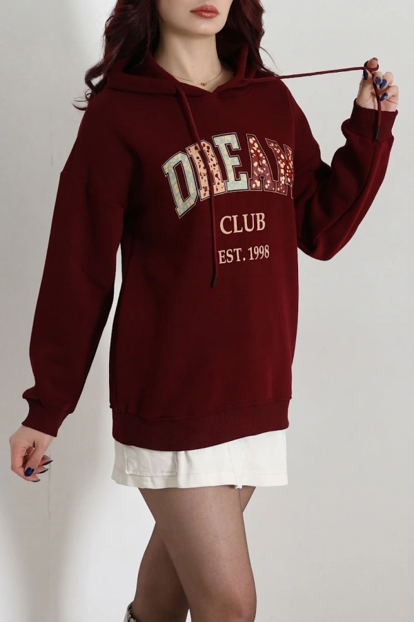 Kadın Bordo Üç İplik Baskılı Kapüşonlu Sweat 5