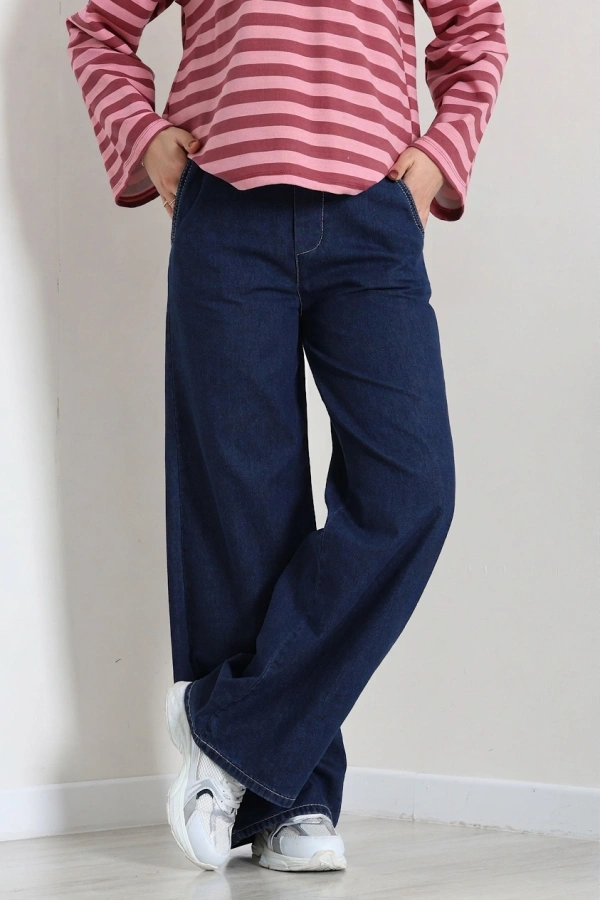 Kadın Koyu Mavi Beli Lastikli Bol Paça Kot Pantolon
