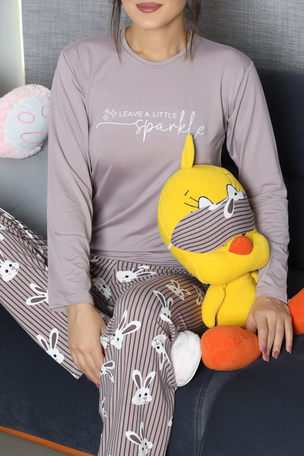 Kadın Vizon Düz Renkli Pamuklu Pijama Takımı Uzun Kollu