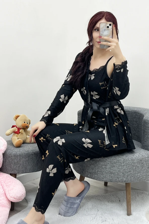 Süet 3'Lü Pijama Set Siyahbej 8
