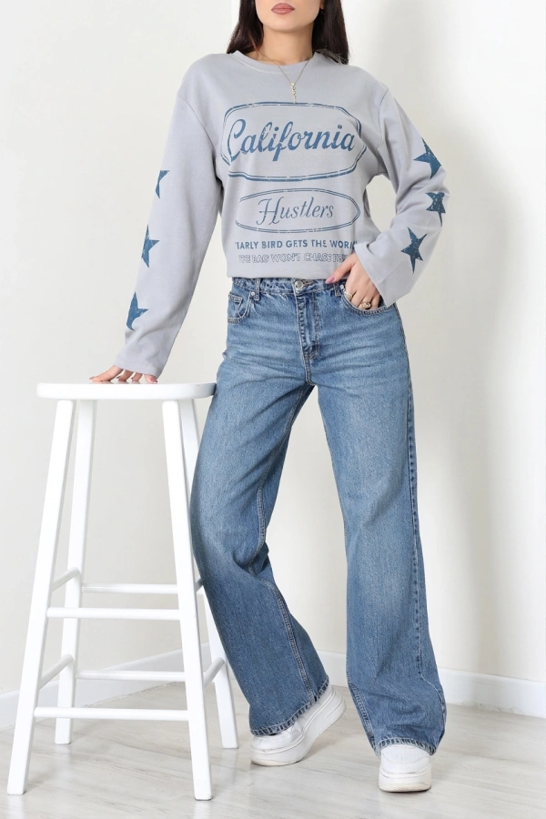 Kadın Dumangri 2 İplik Baskılı Bisiklet Yaka Sweatshirt 2