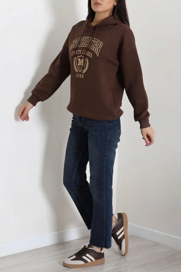 Kadın Kahve Üç İplik Kapüşonlu Baskılı Sweat Tunik 4
