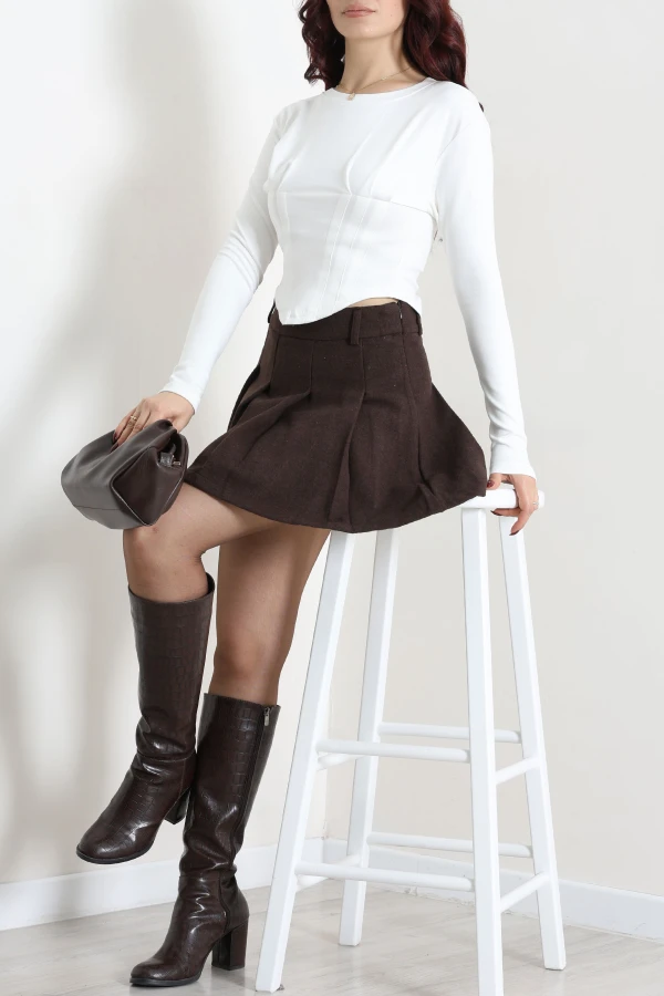 Pileli Modal Crop Bluz Ekru 2