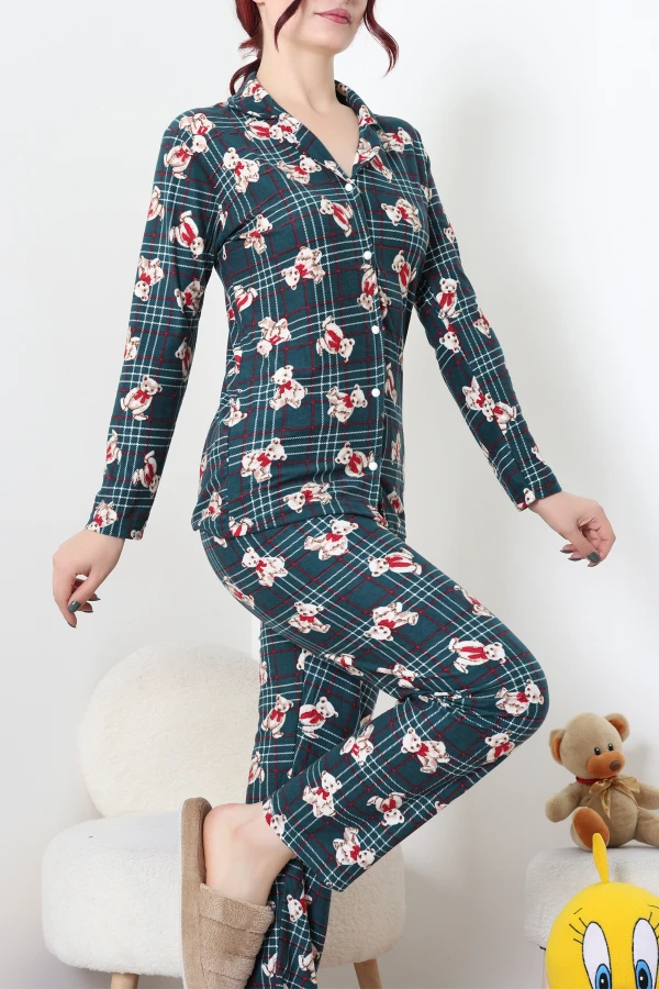 Süet Düğmeli Pijama Takım Zümrüt 3
