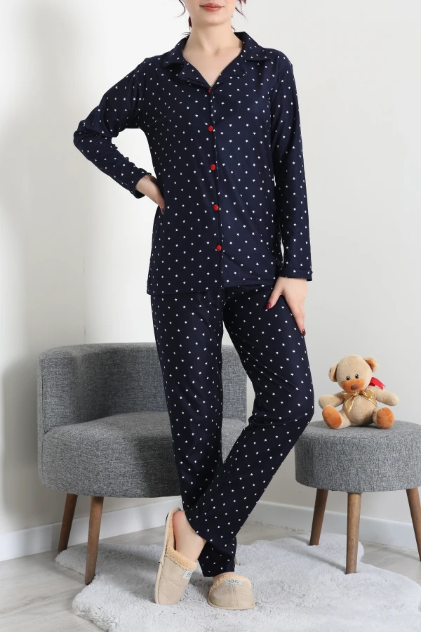 Kadın Lacivert Yıldız Desenli Süet Düğmeli Pijama Takımı 2