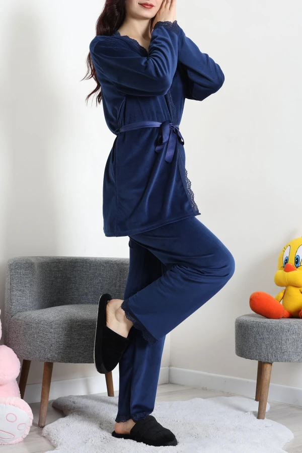 Fransız Kadife 3'Lü Pijama Seti Lacivert 4