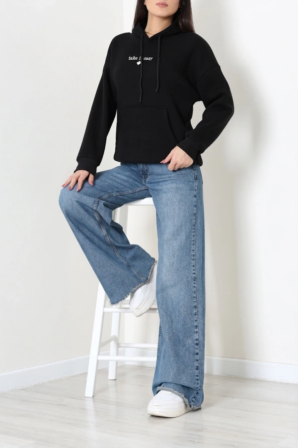 Kadın Siyah Üç İplik Kapüşonlu Nakışlı Sweatshirt Tunik 2