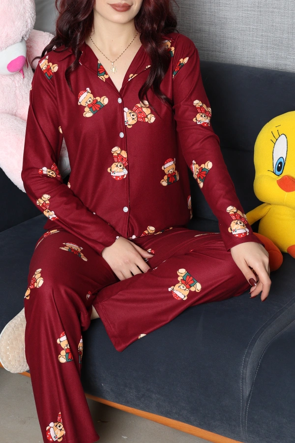 Kadın Bordo Süet Düğmeli Pijama Takımı 3
