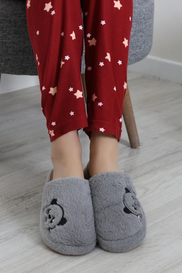 Kadın Gri Ayı Figürlü Peluş Ev Terliği Panduf 3