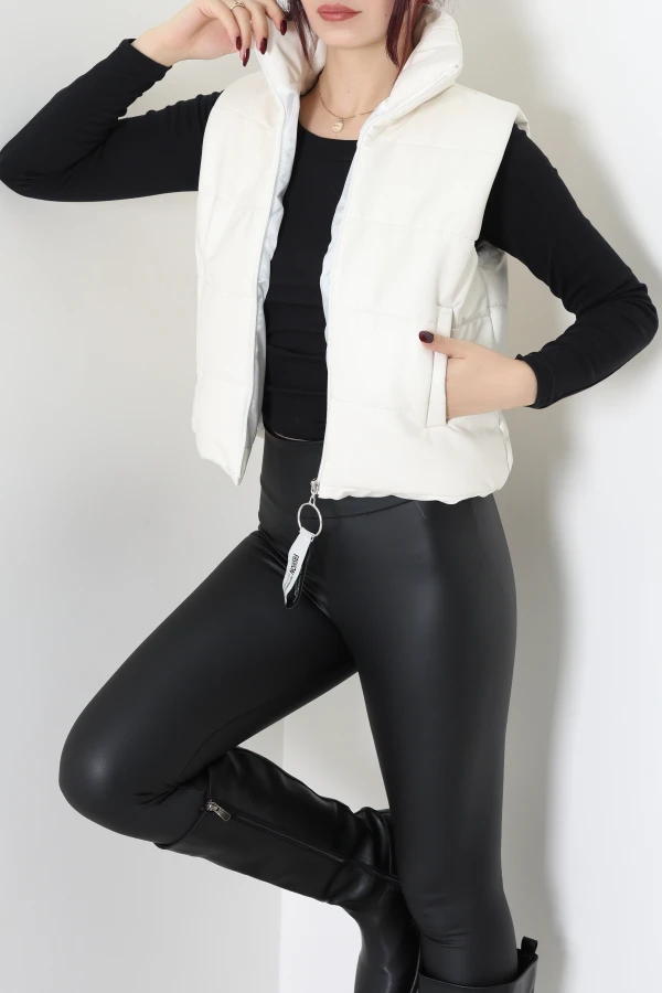 Astarlı Dik Yaka Deri Crop Yelek Ekru 3