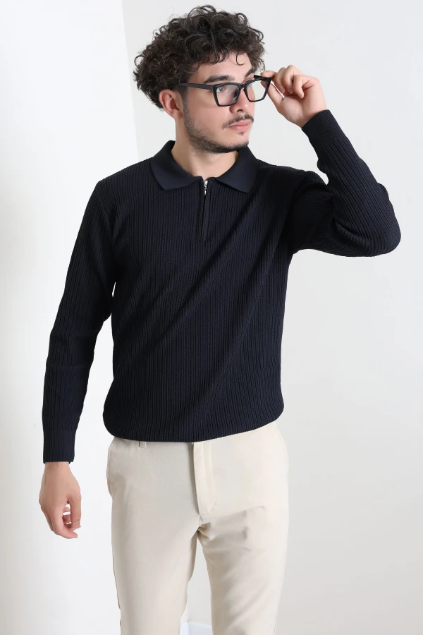 Fermuarlı Polo Yaka Erkek Triko Sweat Lacivert 2