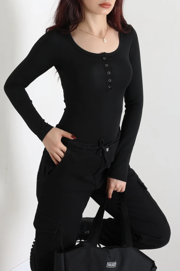 Kadın Siyah Uzun Kol Bisiklet Yaka Çıtçıtlı Body 5