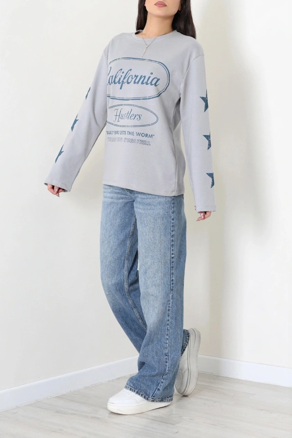 Kadın Dumangri 2 İplik Baskılı Bisiklet Yaka Sweatshirt 4