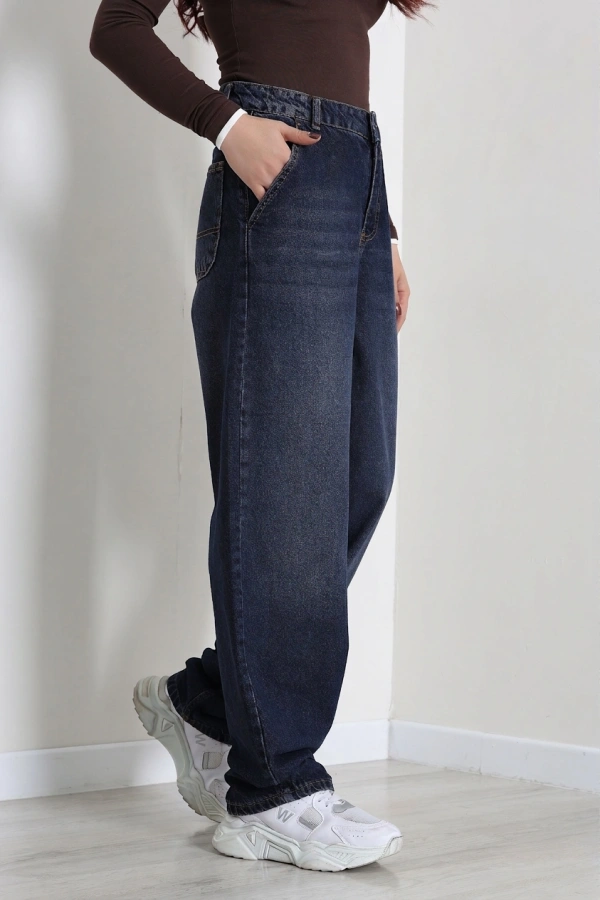 Kadın Lacivert Yüksek Bel Baggy Fit Bol Kesim Kot Pantolon 6
