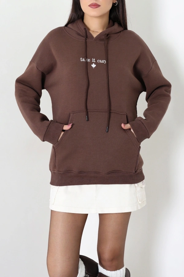 Kadın Kahve Üç İplik Kapüşonlu Nakışlı Sweatshirt Tunik 3