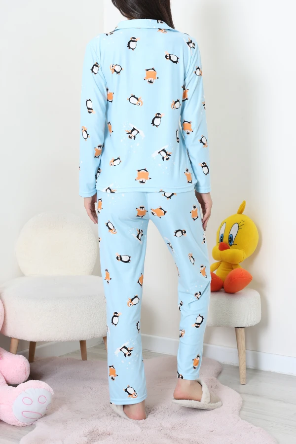 Süet Düğmeli Pijama Takımı Açıkmavi 9
