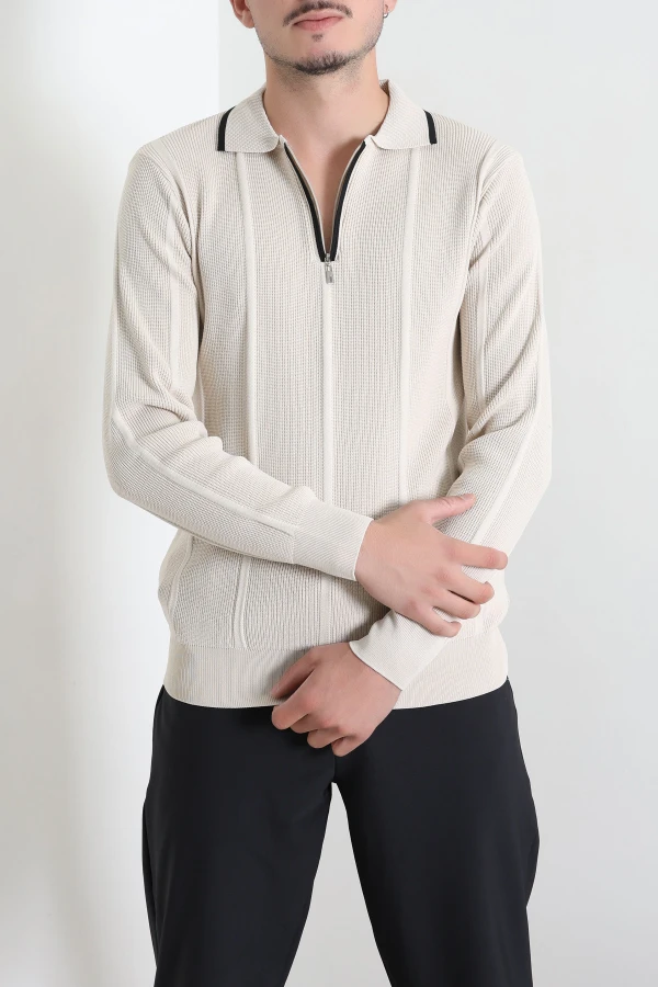 Çizgili Polo Yaka Erkek Triko Sweat Taş 2