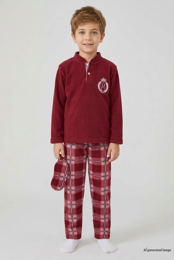 7-10 Yaş Polar Pijama Takımı Bordo