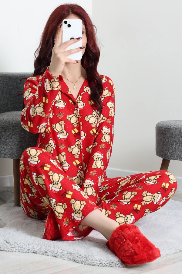Kadın Kırmızıvizon Süet Düğmeli Rahat Pijama Takımı 4