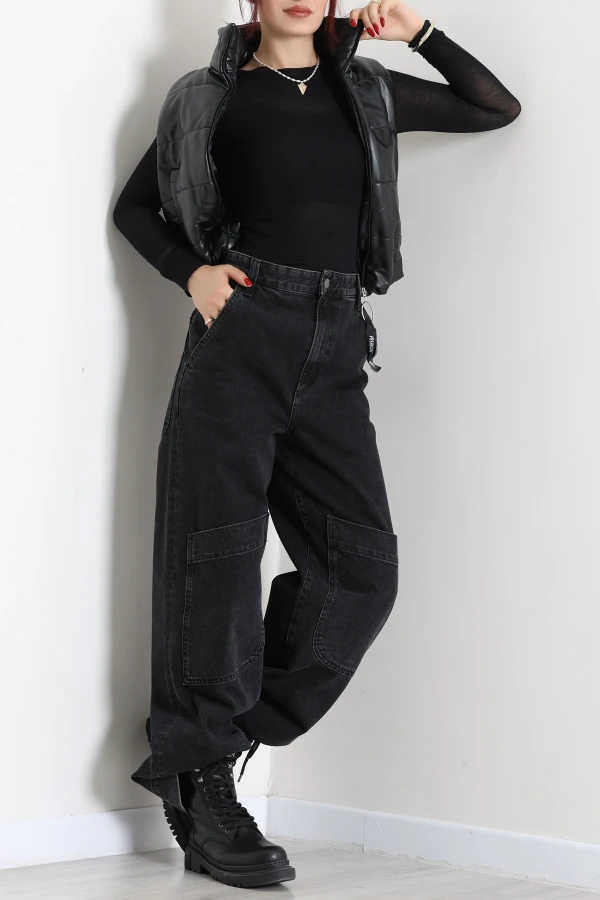 Astarlı Dik Yaka Deri Crop Yelek Siyah 6