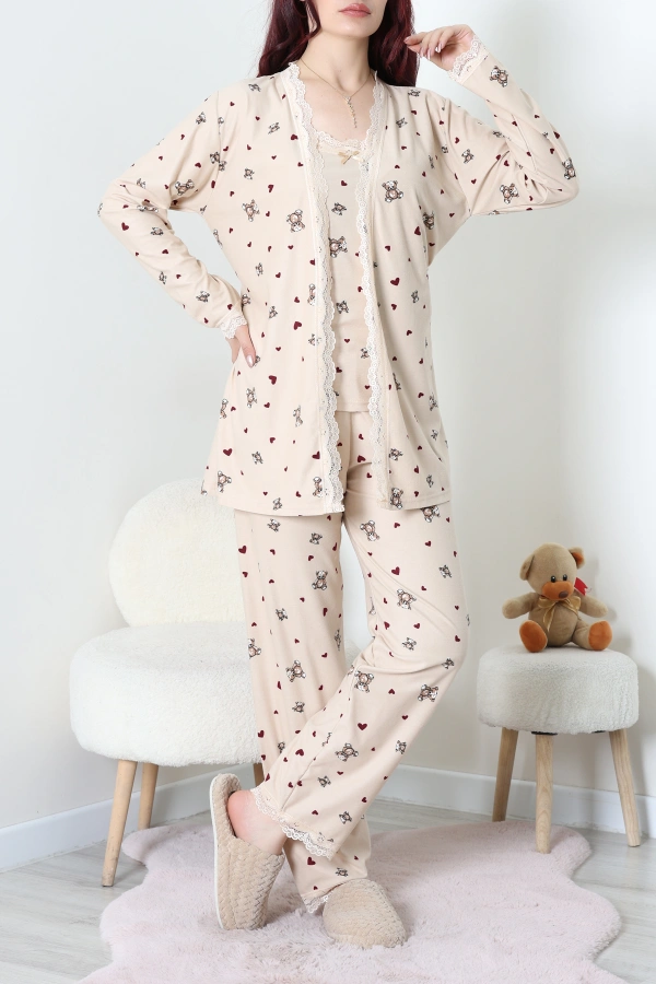 Süet 3'Lü Pijama Set Vizon 3