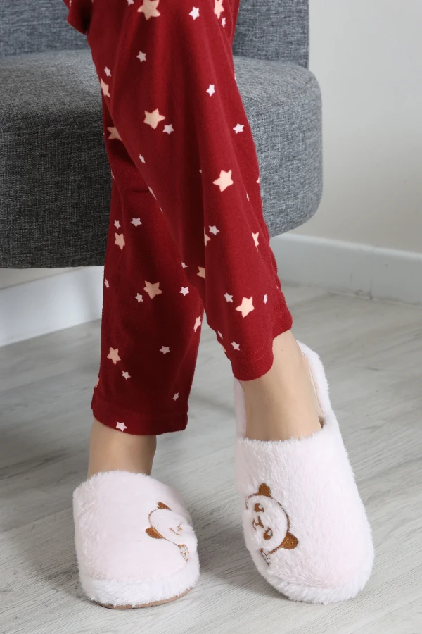 Kadın Pudra Patili Kalp Desenli Peluş Ev Terliği 4