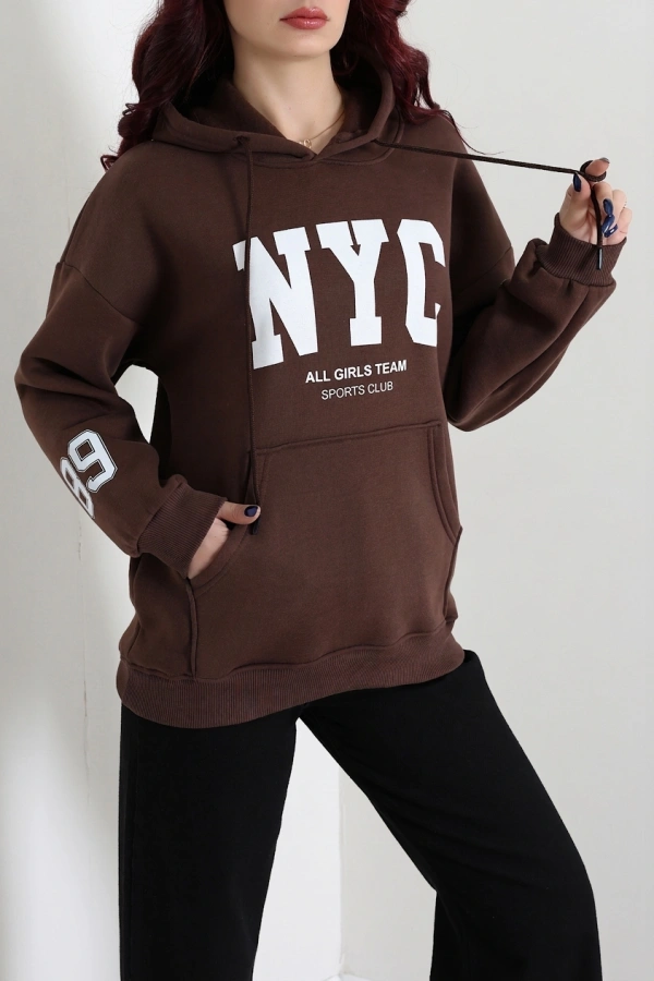Kadın Kahve Kapüşonlu Baskılı Oversize Sweat Tunik 3