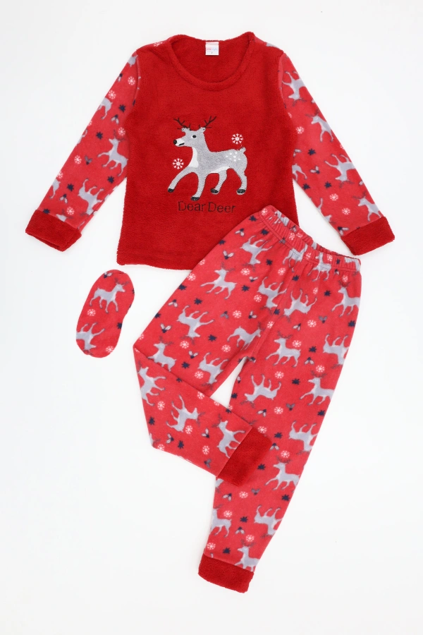 Çocuk Kırmızı Welsoft Kışlık Pijama Takımı Geyik Baskılı 4