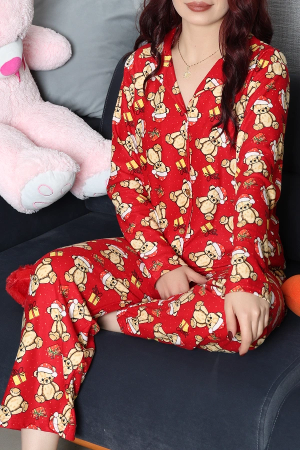 Kadın Kırmızıvizon Süet Düğmeli Rahat Pijama Takımı 2