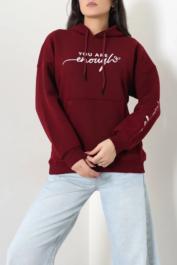 Kadın Bordo Kapüşonlu Baskılı Oversize Sweat Tunik 5