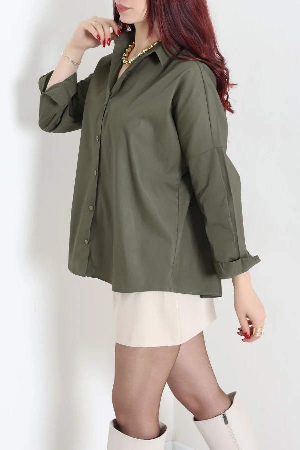 Oversize Poplin Gömlek Haki 3