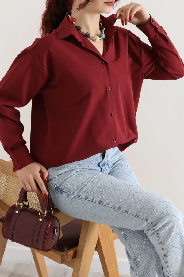 Terikoton Oversize Gömlek Bordo 3
