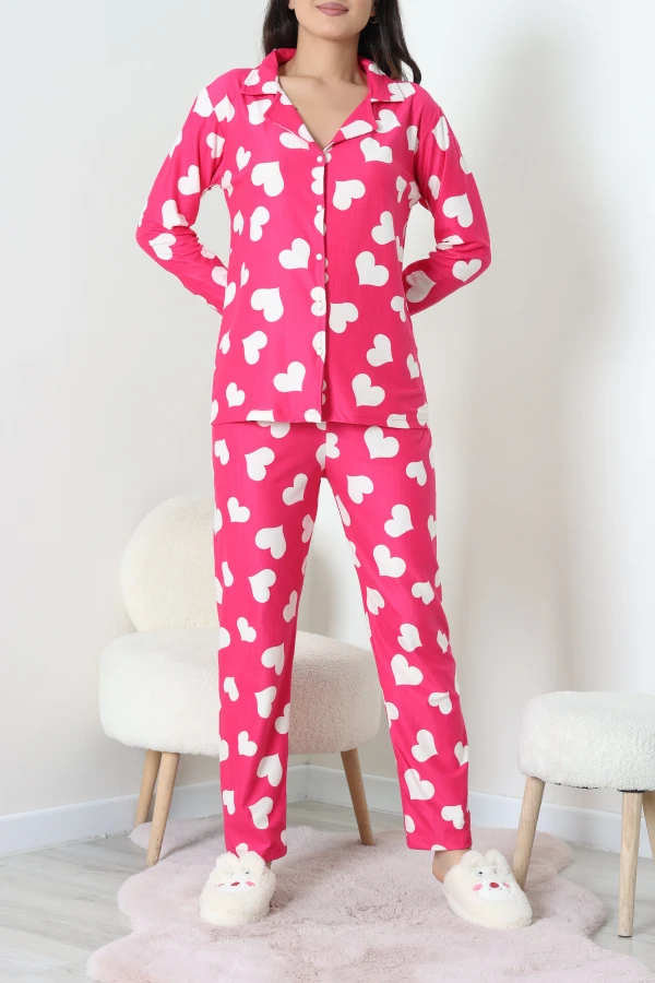Süet Düğmeli Pijama Takımı Fuşya 3