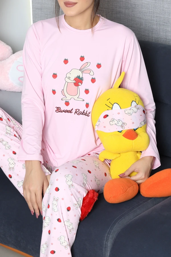 Kadın Pembe Pijama Takımı Rahat Kalıp Pamuklu İkili Takım