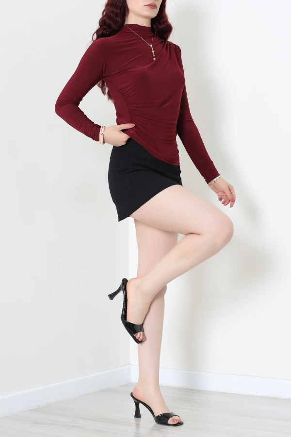 Drapeli Dik Yaka Sandy Bluz Bordo 6