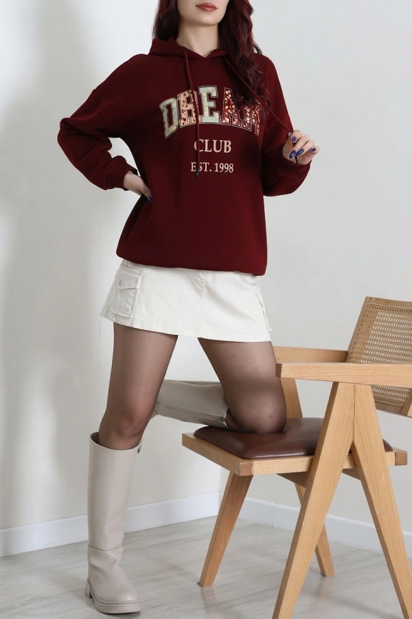 Kadın Bordo Üç İplik Baskılı Kapüşonlu Sweat 2