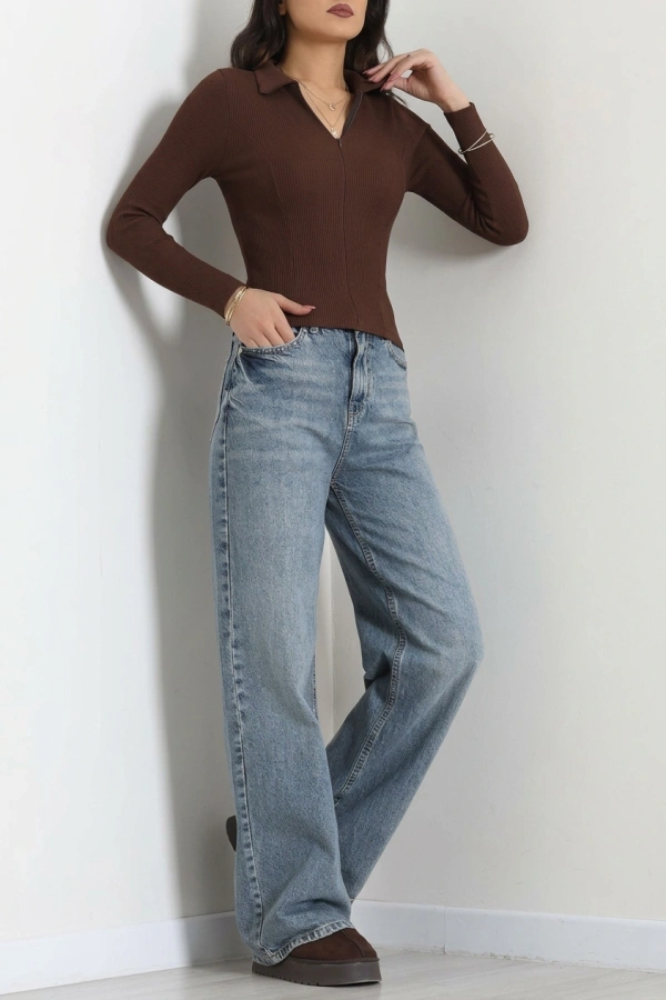 Polo Yaka Fermuarlı Body Kahve 4