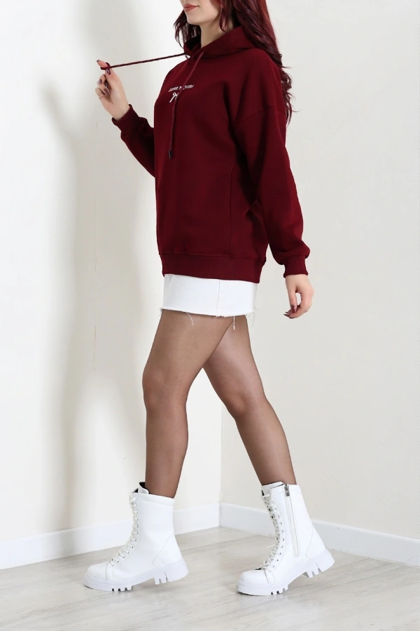 Kadın Bordo Üç İplik Kapüşonlu Nakışlı Sweatshirt 5