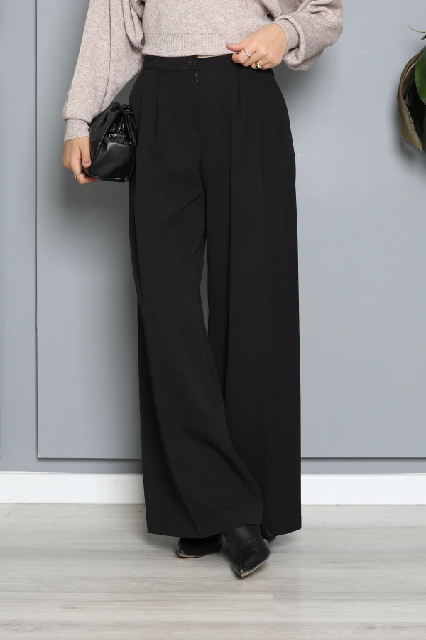 Kadın Siyah Çift Pilili Regular Fit Klasik Pantolon 5