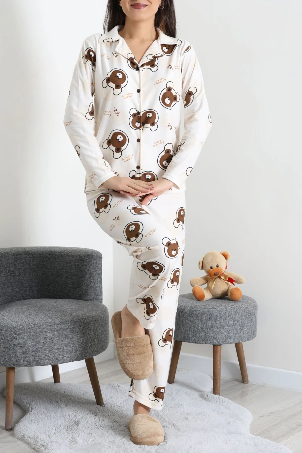 Süet Düğmeli Pijama Takımı Bejkahve 4