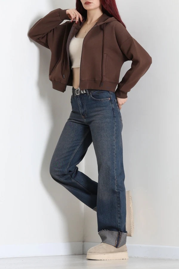 Kadın Kahve Oversize 3 İplik Kompakt Fleto Cepli Sweat Tunik 4