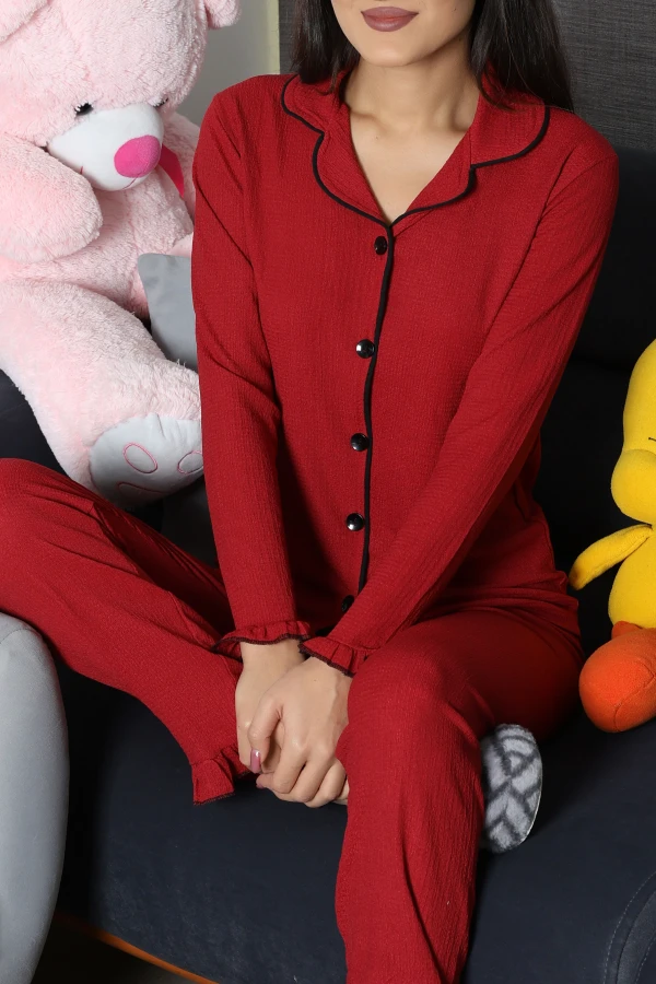 Kadın Bordo Bürümcük Düğmeli Pijama Takımı Rahat Kalıp 2